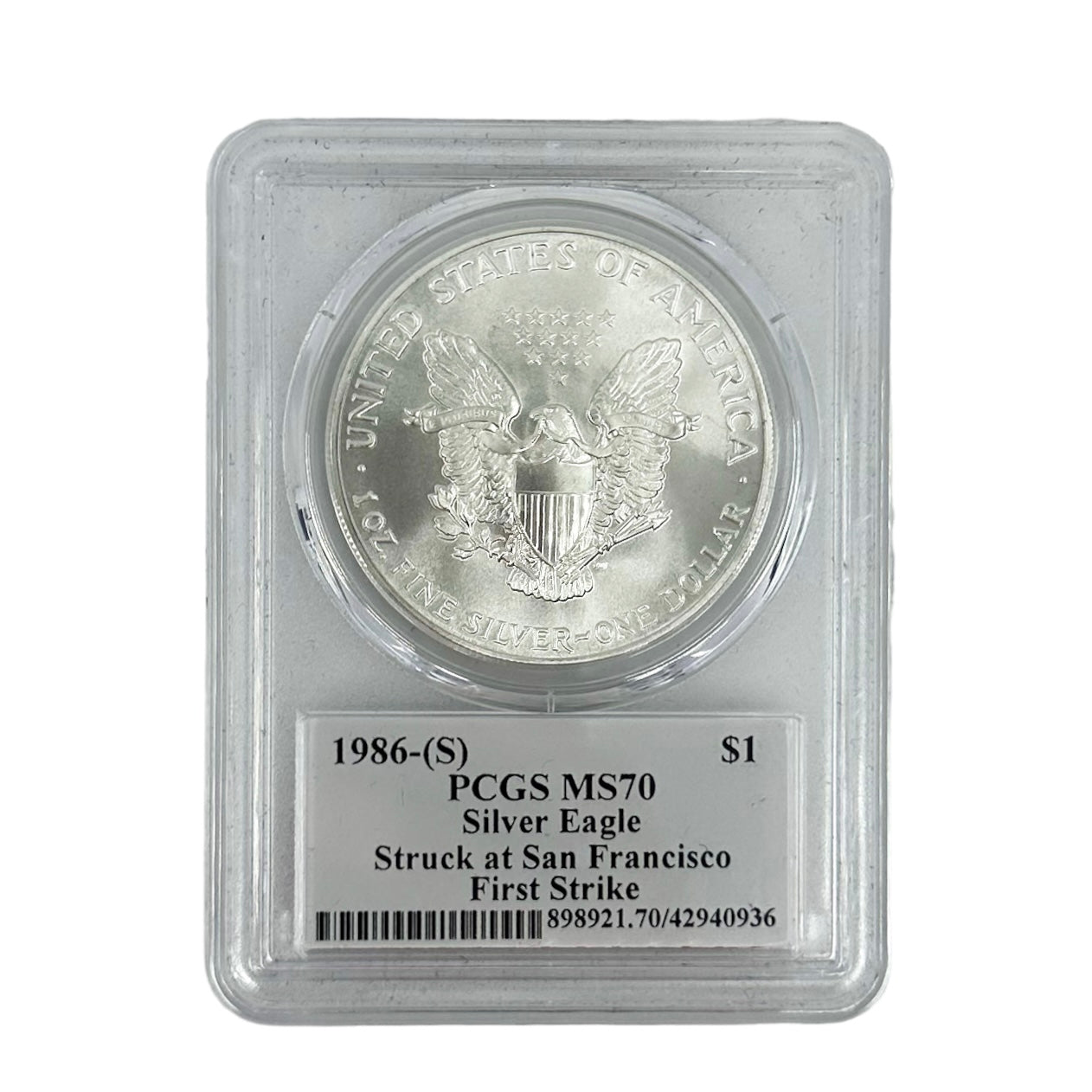 1986-(S) - FIRST STRIKE - $1 American Silver Eagle - Struck at San Francisco - PCGS MS70 - Signed by John Mercanti (Obverse)