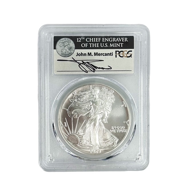 1989 $1 American Silver Eagle - PCGS MS70 - Signed by John Mercanti (Obverse)