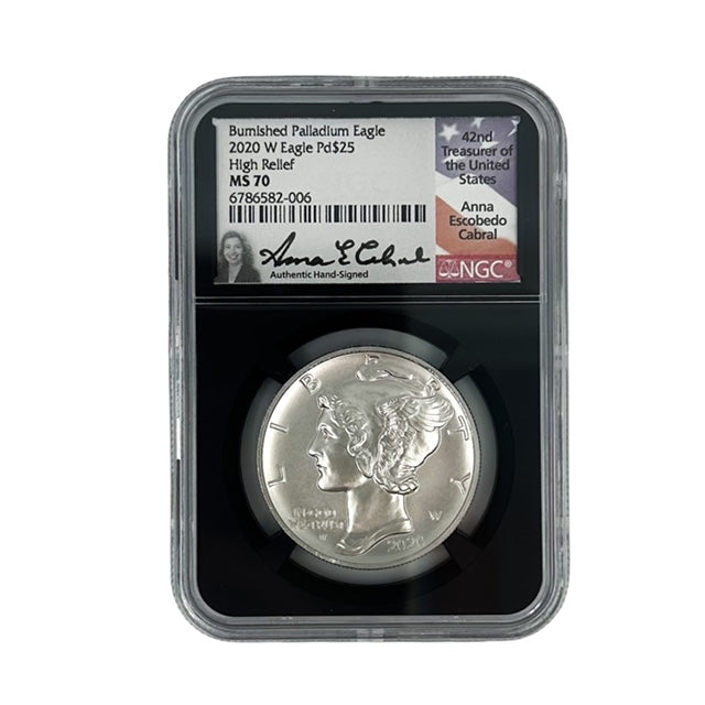 2020 $25 Burnished Palladium Eagle - High Relief - NGC MS70 - Signed by Anna Cabral (Obverse)